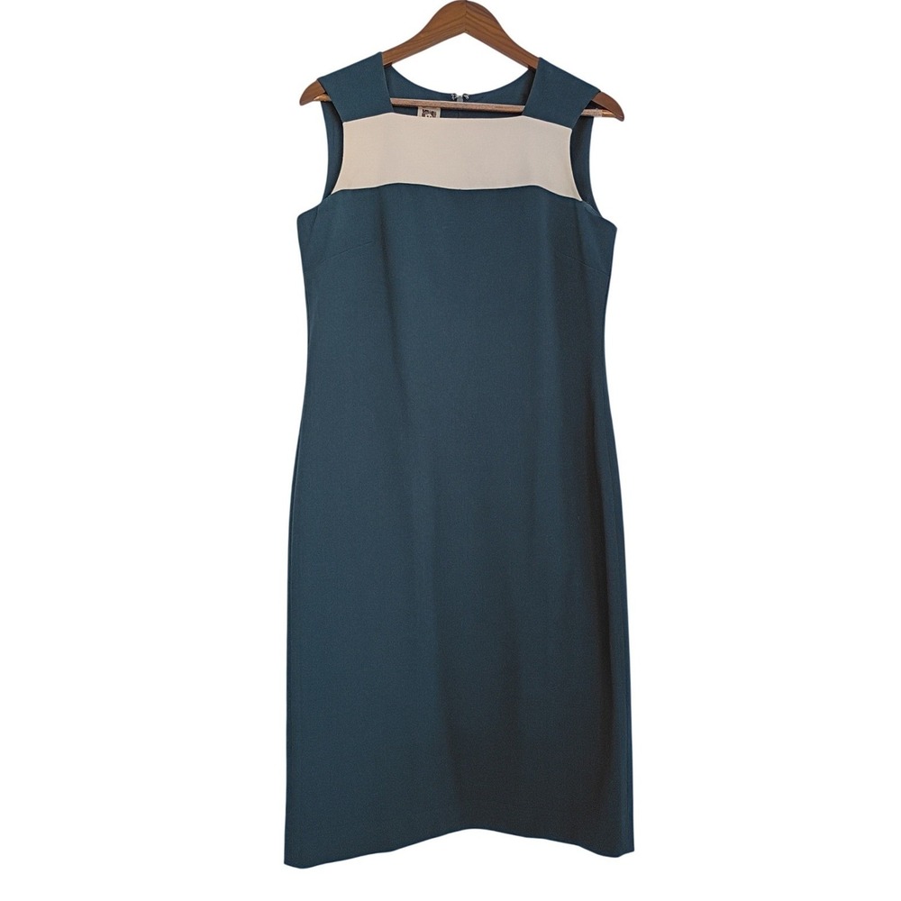 VTG Anne Klein Teal Ivory Colorblock Sheath Dress Slveless Zip 6 Career Classic - Picture 2 of 9